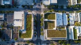 Aerial view of buildings with green roofs