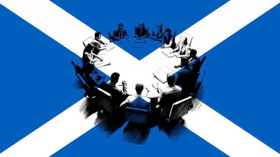 Business meeting over a Scottish flag.