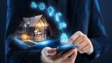 Smart home concept with person using smartphone.