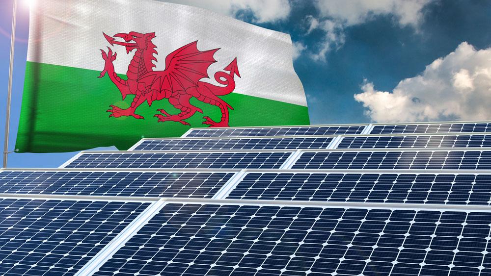 Solar panels and a Wales flag